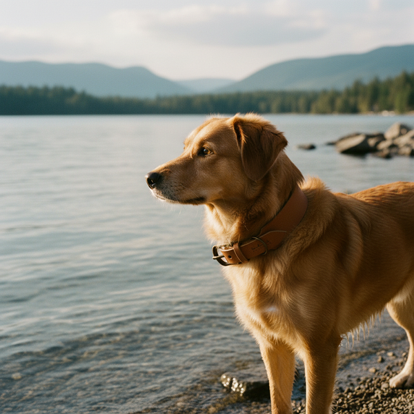 Hund mit cognacfarbenem Lederhalsband von Taukunst